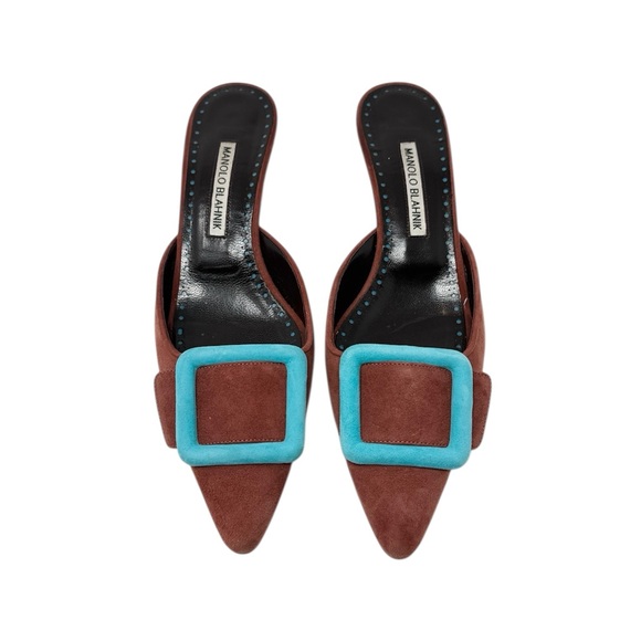 Manolo Blahnik Maysalebi 70MM Buckled Cinnamon Brown Suede Mules Size 37.5 - Picture 2 of 9